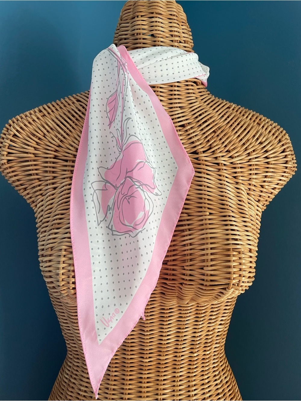 Vintage Vera Neumann Scarf Skinny Pointed Ends Grey White Polka Dot Pink Rose